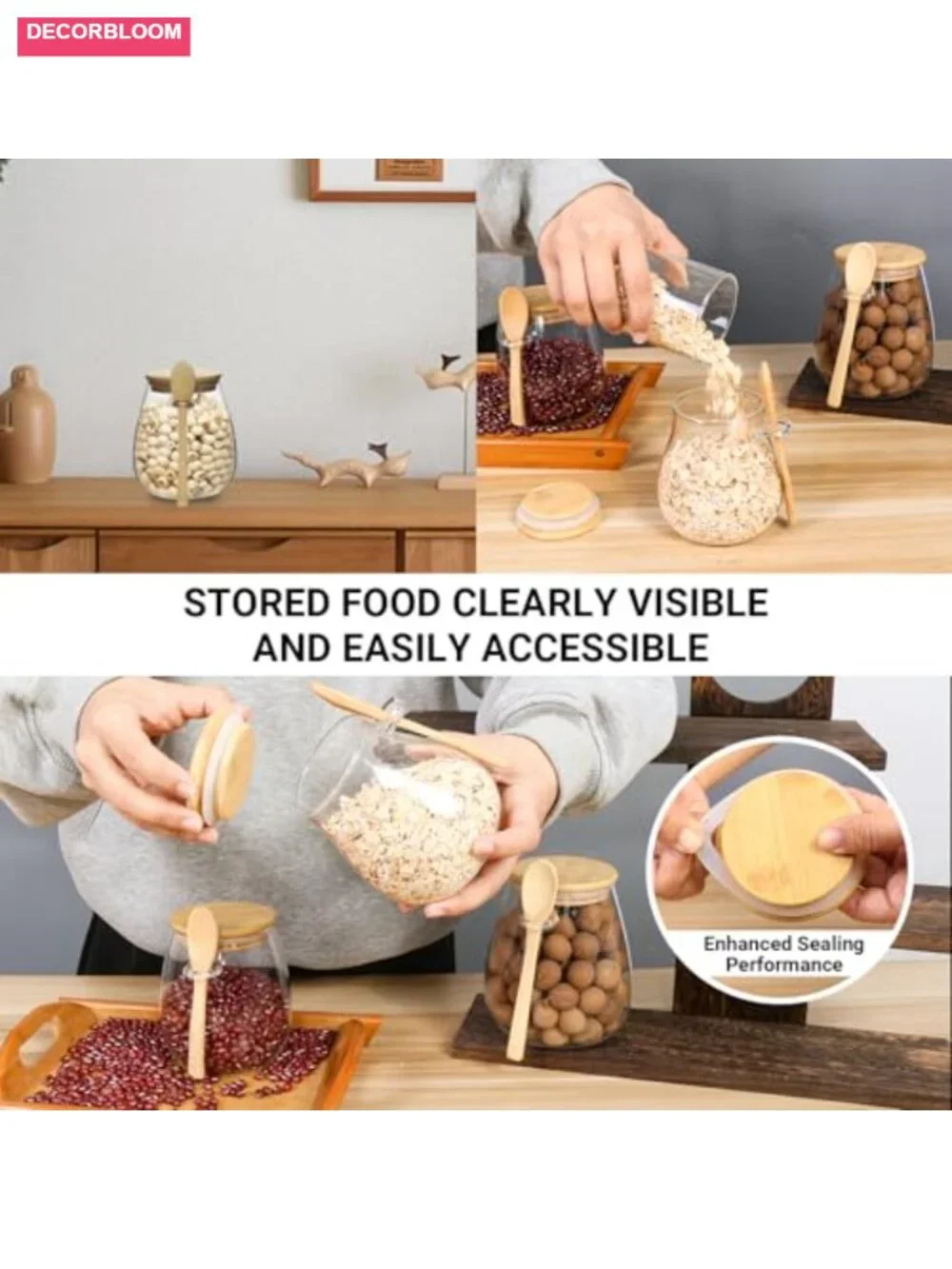 Glass Storage Jars with Bamboo Lids and Spoon - 16 oz Airtight Kitchen